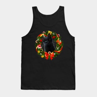 Funny Black Cat Christmas Wreath Ornament Tank Top